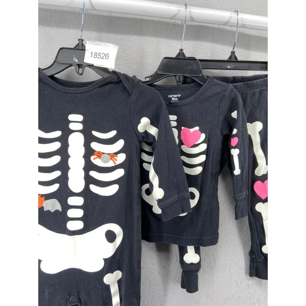 Carters Pajamas Rompers Girls Sz 18‎ mos. Set of 2 Black Skeleton Halloween